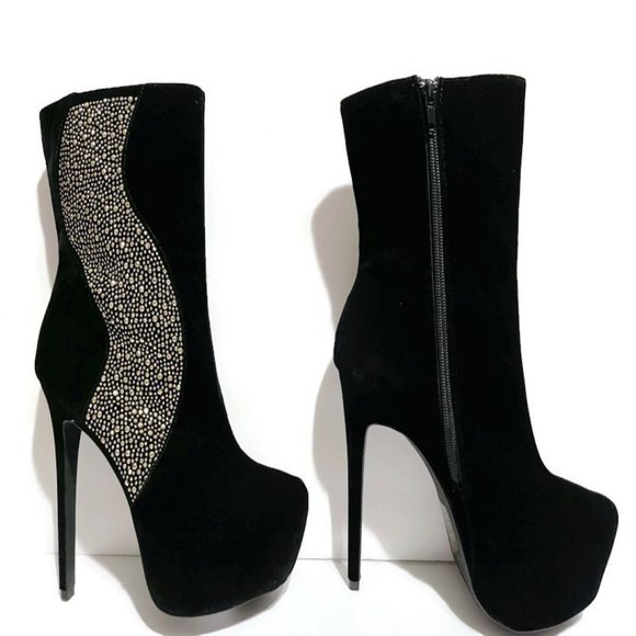 Black 5" Heel Sparkly Silver Rhinestone Ankle Booties Scene ShoeDazzle - Picture 4 of 9